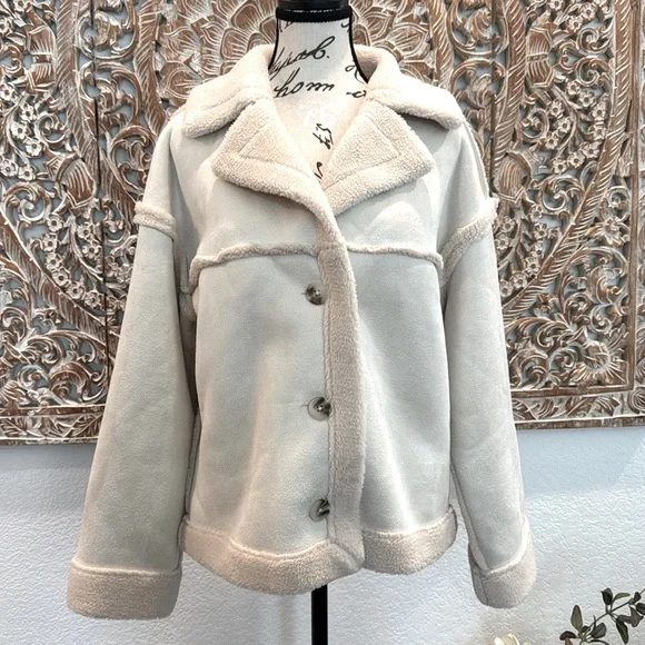 PLM Pascale La Mode Short Faux Wool Shearling, Suede Coat, Button Front, NWT - Picture 2 of 16